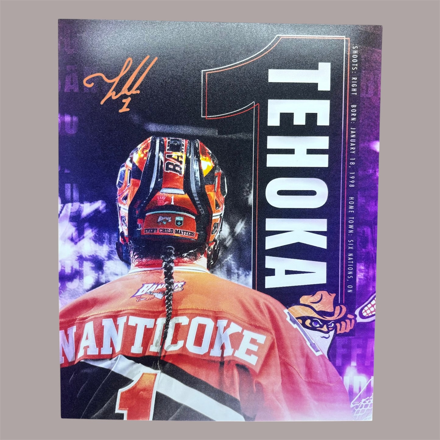 Tehoka Nanticoke Signed Buffalo Bandits 8x10 (Purple Banner)