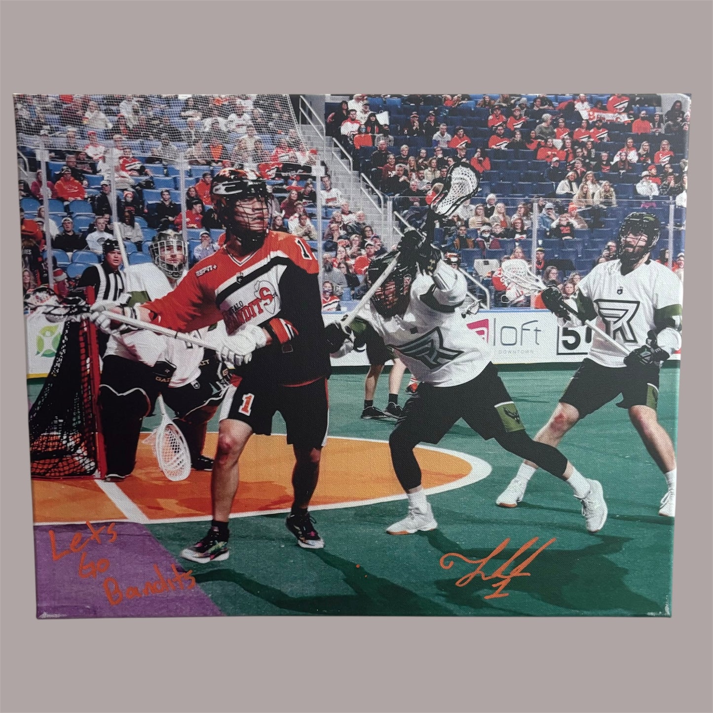 Tehoka Nanticoke Signed Buffalo Bandits 16x20 Canvas (Knighthawks - Lets Go Bandits)